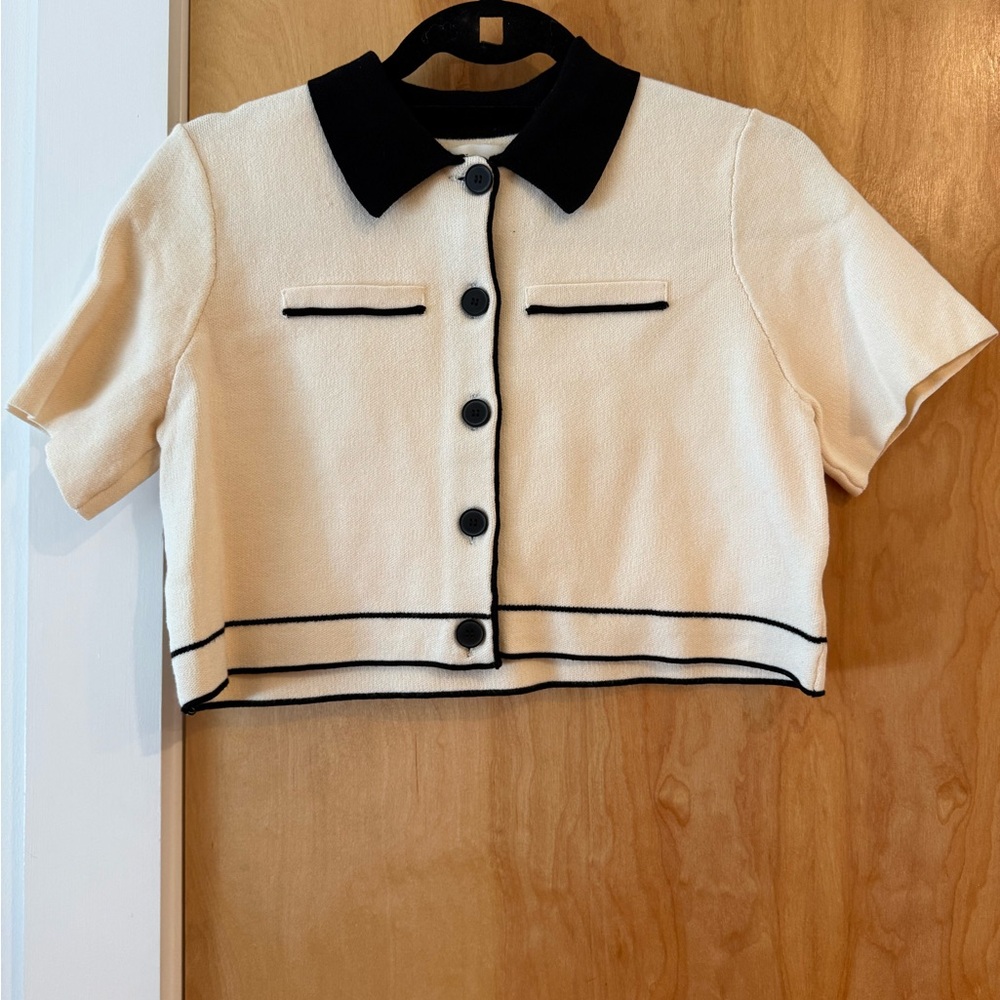 OAK + FORT Cream Knit Cardigan with Black Trim